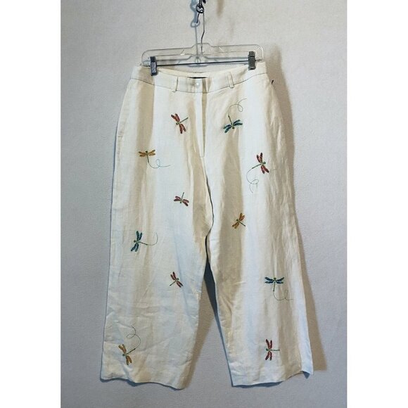 Paraphrase Pants Womens 12 Dragonfly Embroidered Cropped White Linen Boho - Picture 1 of 7